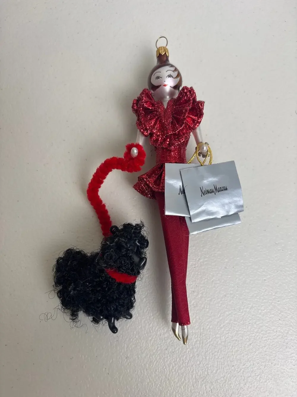 De Carlini Neiman Marcus Lady w/ Poodle Glass Ornament Red Outfit Italy Box Tags